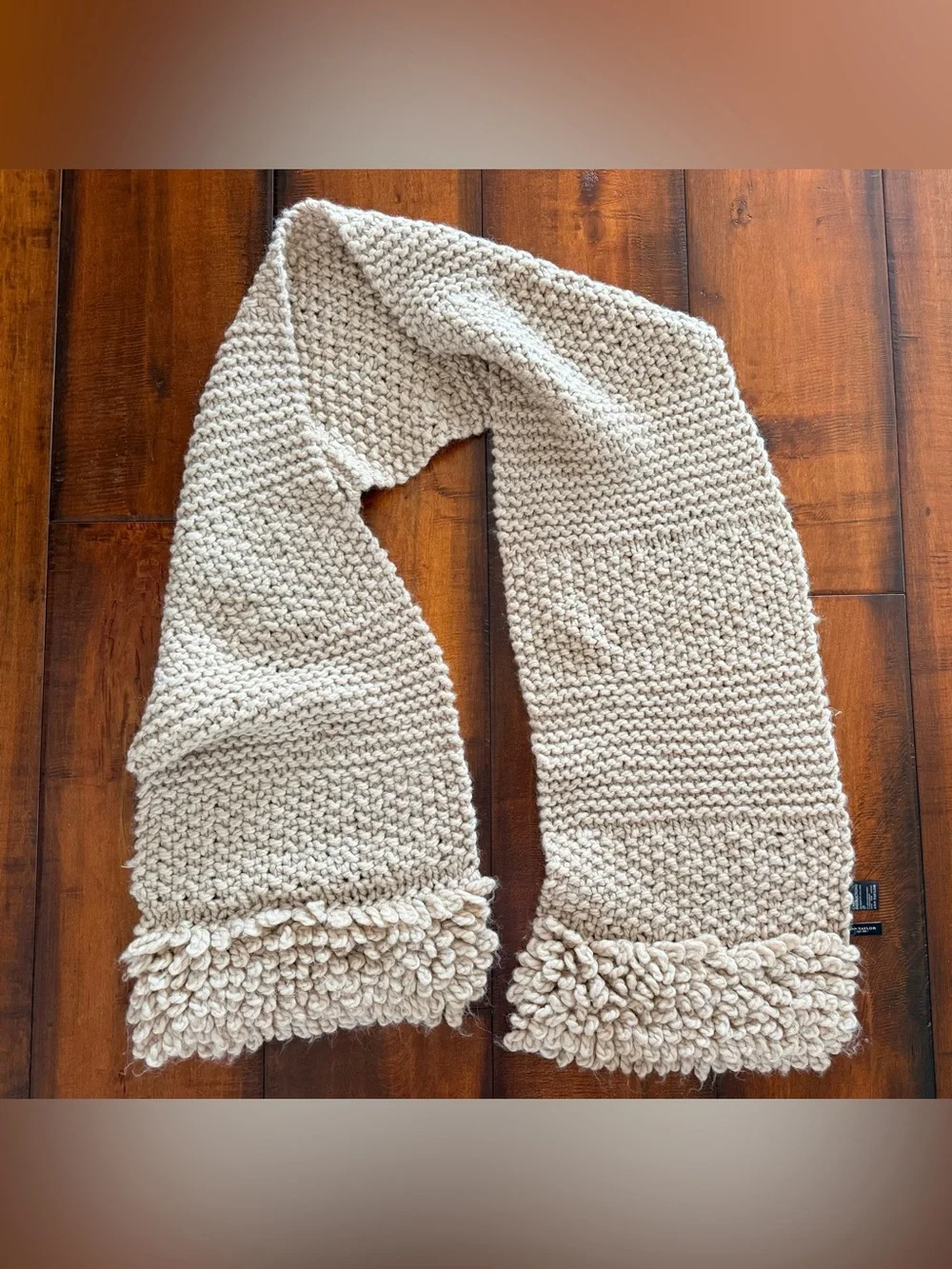 Ann Taylor Light Tan Chunky Knit Scarf with Loop Fringe